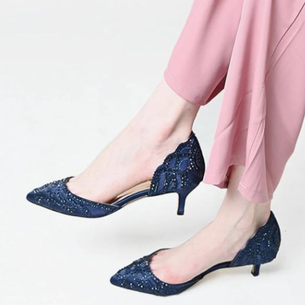 XYD Navy Blue Lace Kitten Heels
